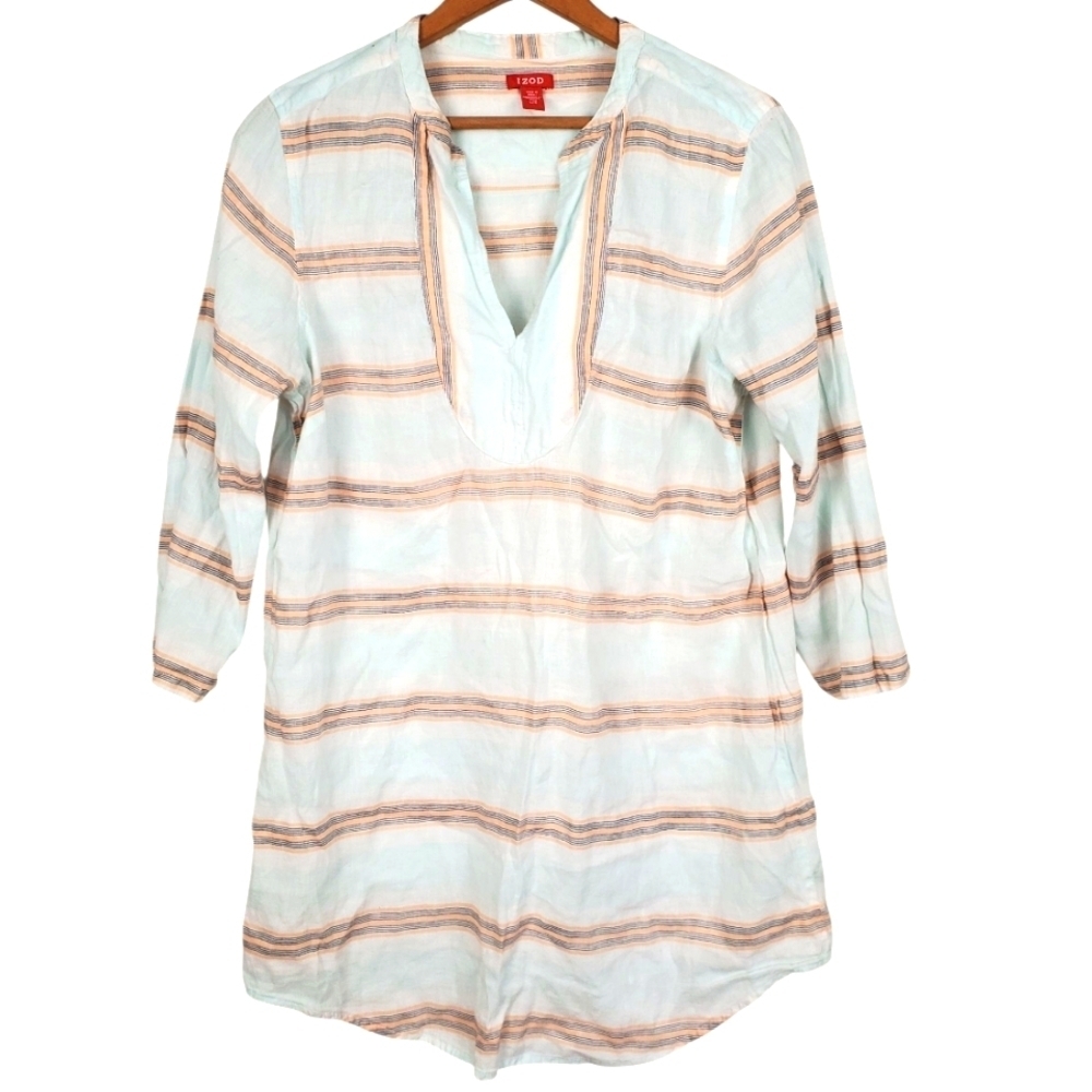 IZOD Linen Tunic.Blue and Orange Striped. LG. #323
